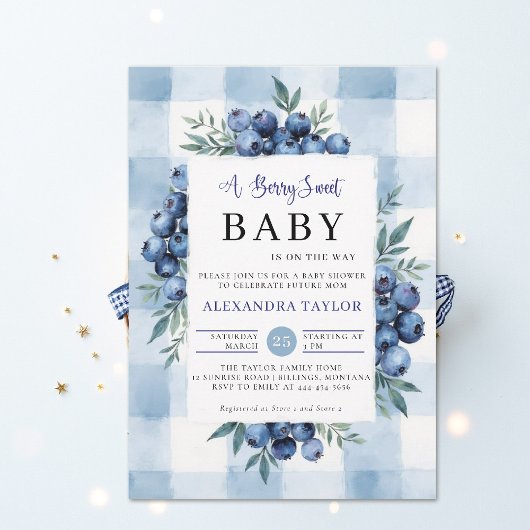 Berry Sweet Gingham Blueberries Baby Shower Kaart