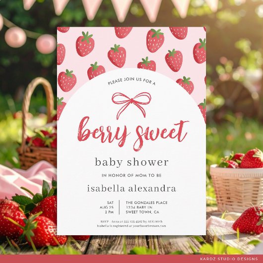 Berry Sweet Girl Pink Bow Strawberry Baby Shower Kaart