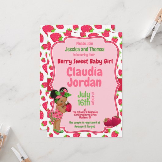 Berry Sweet Meisje Aardbei Baby shower Invitation Kaart (Voorkant / Achterkant in situ)