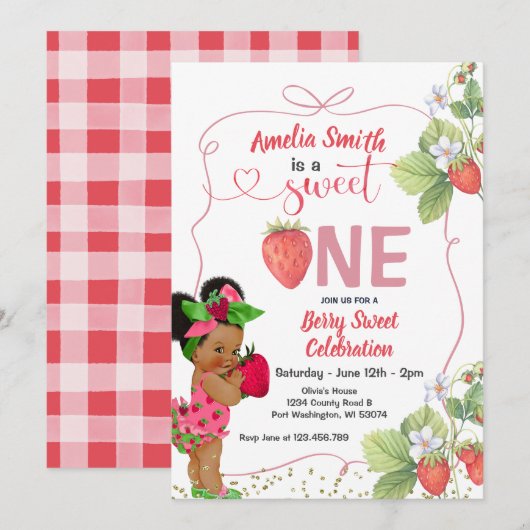 Berry Sweet ONE Aardbei Handgetrokken 1e verjaarda Kaart (Voorkant / Achterkant)