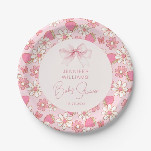 Berry Sweet Pink Bow Baby Meisje Douche Papieren Bordje (Voorkant)