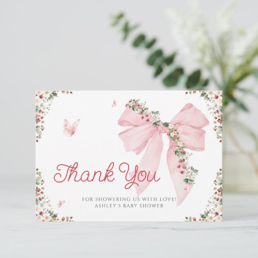 Berry Sweet Pink Bow Baby shower Bedankt Card Kaart (Staand voorkant)