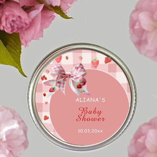 Berry Sweet Pink Checkered Coquette Baby shower Ronde Sticker