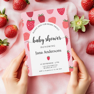 Berry Sweet Pink en Red Strawberry Baby shower Kaart