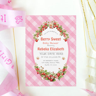 Berry Sweet Pink Gingham Baby shower Invitation Kaart