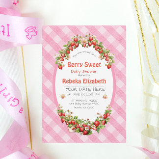 Berry Sweet Pink Gingham Baby shower Invitation Kaart