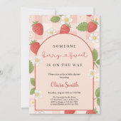 Berry sweet pink strawberry babyshower party kaart (Voorkant)