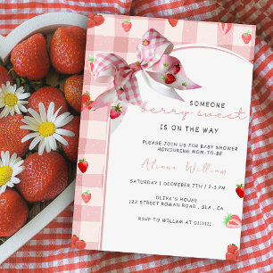 Berry Sweet Pink Strawberry Coquette Baby shower Kaart