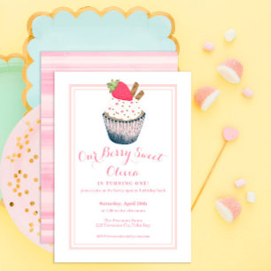 Berry Sweet Pink Strawberry Cupcake 1st Birthday Kaart