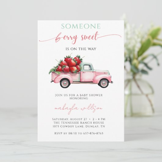 Berry Sweet Pink Truck rode aardbei Baby shower Kaart (Staand voorkant)