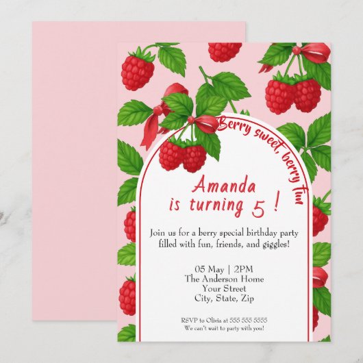 Berry Sweet Raspberry Kids Verjaardag Uitnodiging (Voorkant / Achterkant)