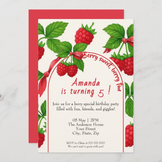 Berry Sweet Raspberry Kids Verjaardag Uitnodiging (Voorkant / Achterkant)