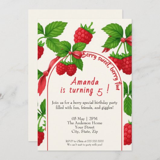 Berry Sweet Raspberry Kids Verjaardag Uitnodiging (Voorkant / Achterkant)