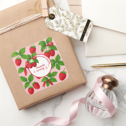 Berry Sweet Raspberry Kids Verjaardagsfeestje - Vierkante Sticker (Geschenken)