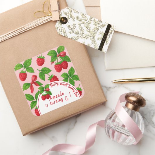 Berry Sweet Raspberry Kids Verjaardagsfeestje - Vierkante Sticker (Geschenken)