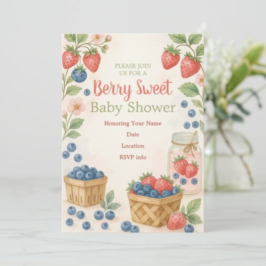 Berry Sweet Rustic Design Baby shower Uitnodiging (Staand voorkant)