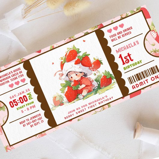 Berry Sweet Strawberry 1e verjaardag ticket Kaart