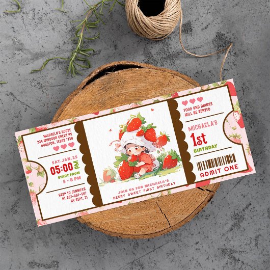 Berry Sweet Strawberry 1e verjaardag ticket Kaart