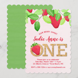 Berry Sweet Strawberry 1st Birthday Girl Red Green Kaart