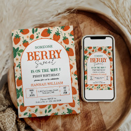 Berry Sweet Strawberry 1st Birthday Party Kaart