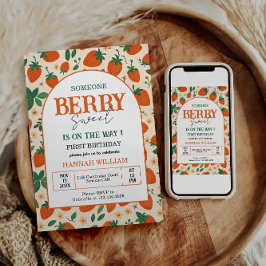 Berry Sweet Strawberry 1st Birthday Party Kaart