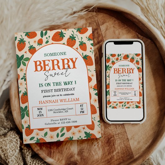 Berry Sweet Strawberry 1st Birthday Party Kaart