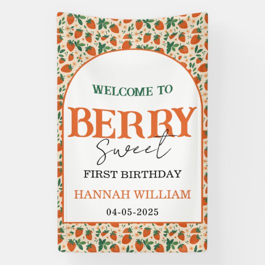 Berry Sweet Strawberry 1st Birthday Party Spandoek (Verticaal)