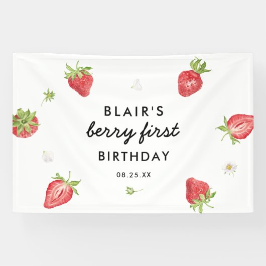 Berry Sweet Strawberry 1st Birthday Party Spandoek (Horizontaal)