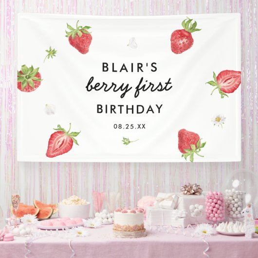Berry Sweet Strawberry 1st Birthday Party Spandoek (Feest)