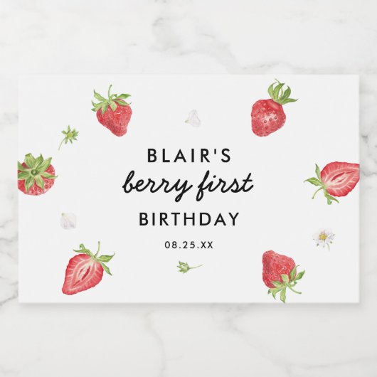 Berry Sweet Strawberry 1st Birthday Party Sparkling Wijnetiket (Enkel label)