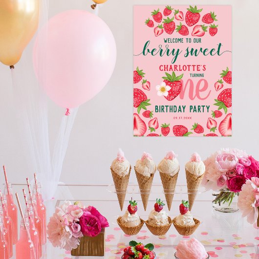 Berry Sweet Strawberry 1st Birthday Party Welkom Poster