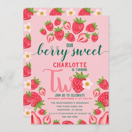 Berry Sweet Strawberry 2 jaar oude Birthday Party Kaart (Voorkant / Achterkant)