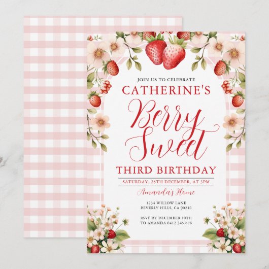 Berry Sweet Strawberry 3rd Verjaardag Party Bloeme Kaart (Voorkant / Achterkant)