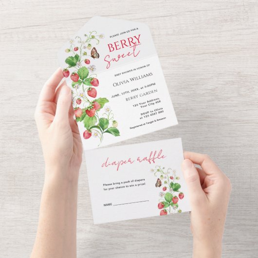 Berry Sweet Strawberry Baby shower All In One Uitnodiging (Afscheurbaar)