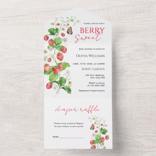 Berry Sweet Strawberry Baby shower All In One Uitnodiging (Binnen)
