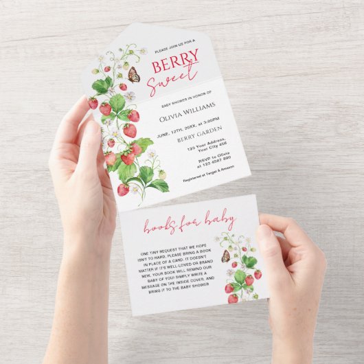 Berry Sweet Strawberry Baby shower All In One Uitnodiging (Afscheurbaar)