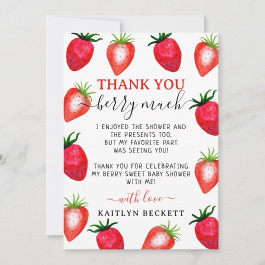 Berry Sweet Strawberry Baby shower Bedankkaart (Voorkant)