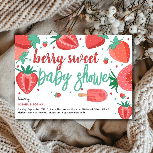 Berry sweet strawberry baby shower kaart