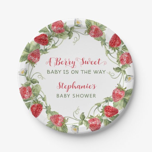 Berry Sweet Strawberry Baby shower Papieren Bordje (Voorkant)