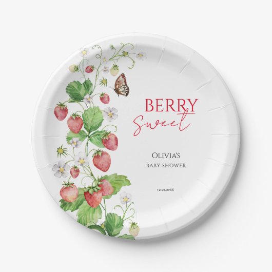 Berry Sweet Strawberry Baby shower Papieren Bordje (Voorkant)