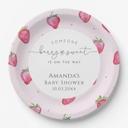 Berry Sweet Strawberry Baby shower Papieren Bordje (Voorkant)