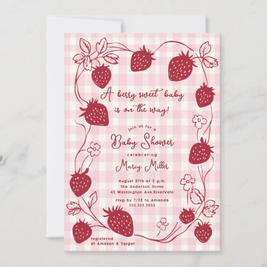 Berry Sweet Strawberry Baby shower Uitnodiging (Voorkant)