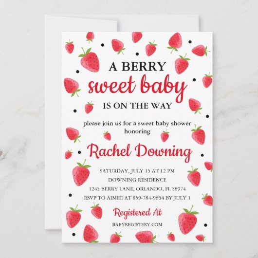 Berry Sweet Strawberry Baby shower Uitnodiging (Voorkant)
