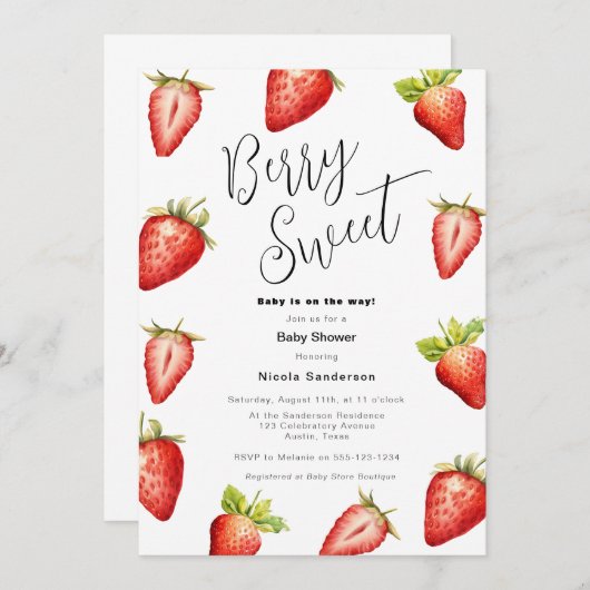 Berry Sweet Strawberry Baby shower Uitnodiging (Voorkant / Achterkant)