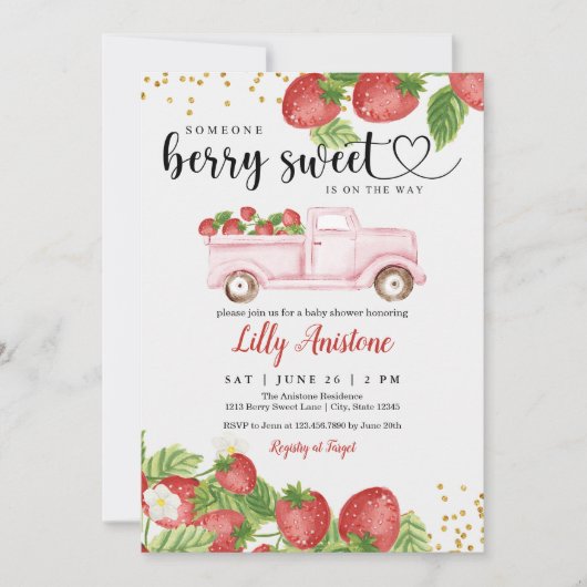 Berry Sweet Strawberry Baby shower Uitnodiging (Voorkant)