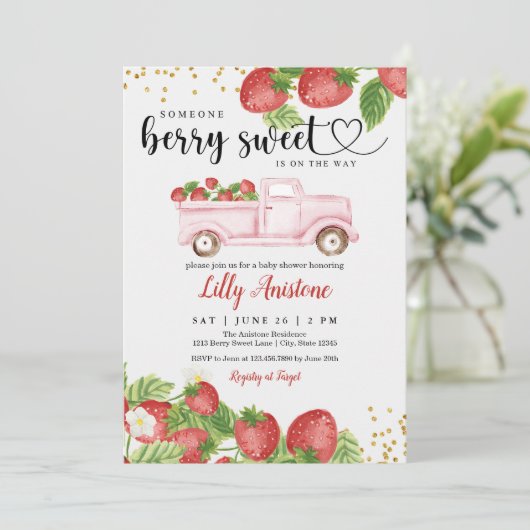 Berry Sweet Strawberry Baby shower Uitnodiging (Staand voorkant)
