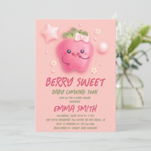 Berry Sweet Strawberry Baby shower Uitnodiging (Staand voorkant)