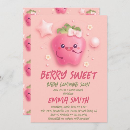 Berry Sweet Strawberry Baby shower Uitnodiging (Voorkant / Achterkant)