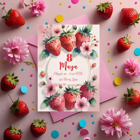 Berry Sweet Strawberry Birthday Invitation  Kaart