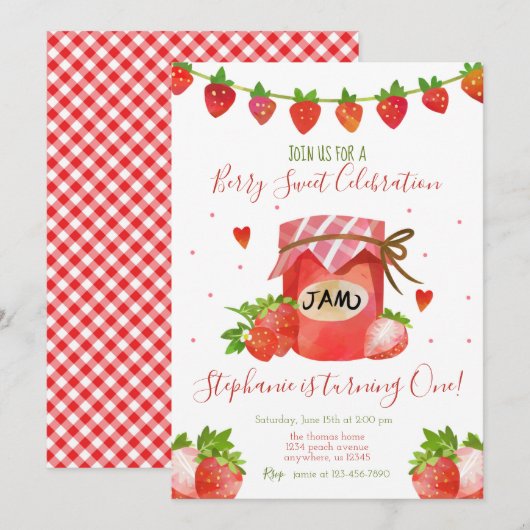 Berry Sweet Strawberry Birthday Party Invitation Kaart (Voorkant / Achterkant)